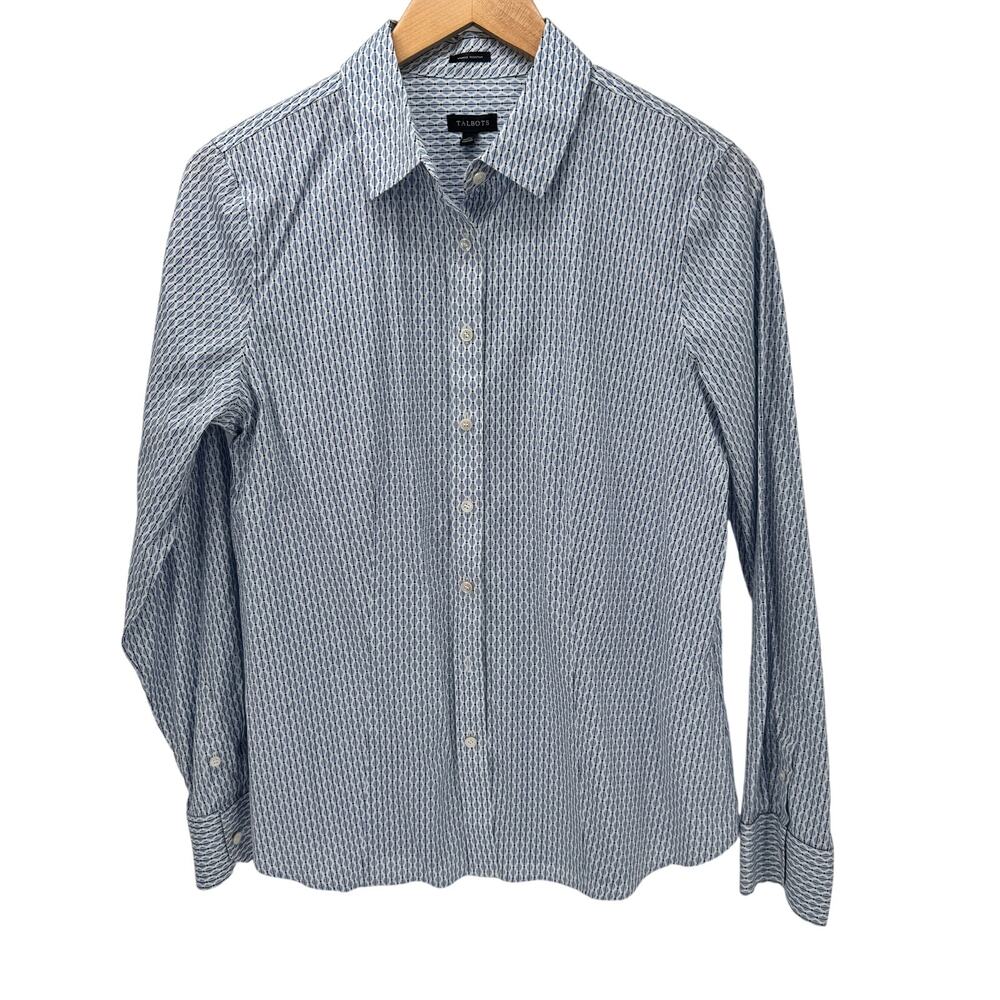 Talbots Blouse Womens 10 Blue White Button Up Wrinkle Resistant Coastal Shirt